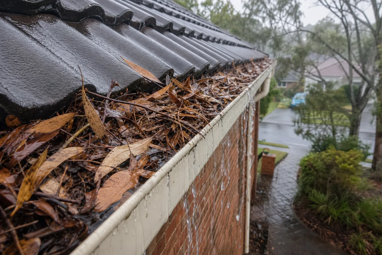 Overflowing house gutter packed with eucalypt leaves and bark on a Canberra home