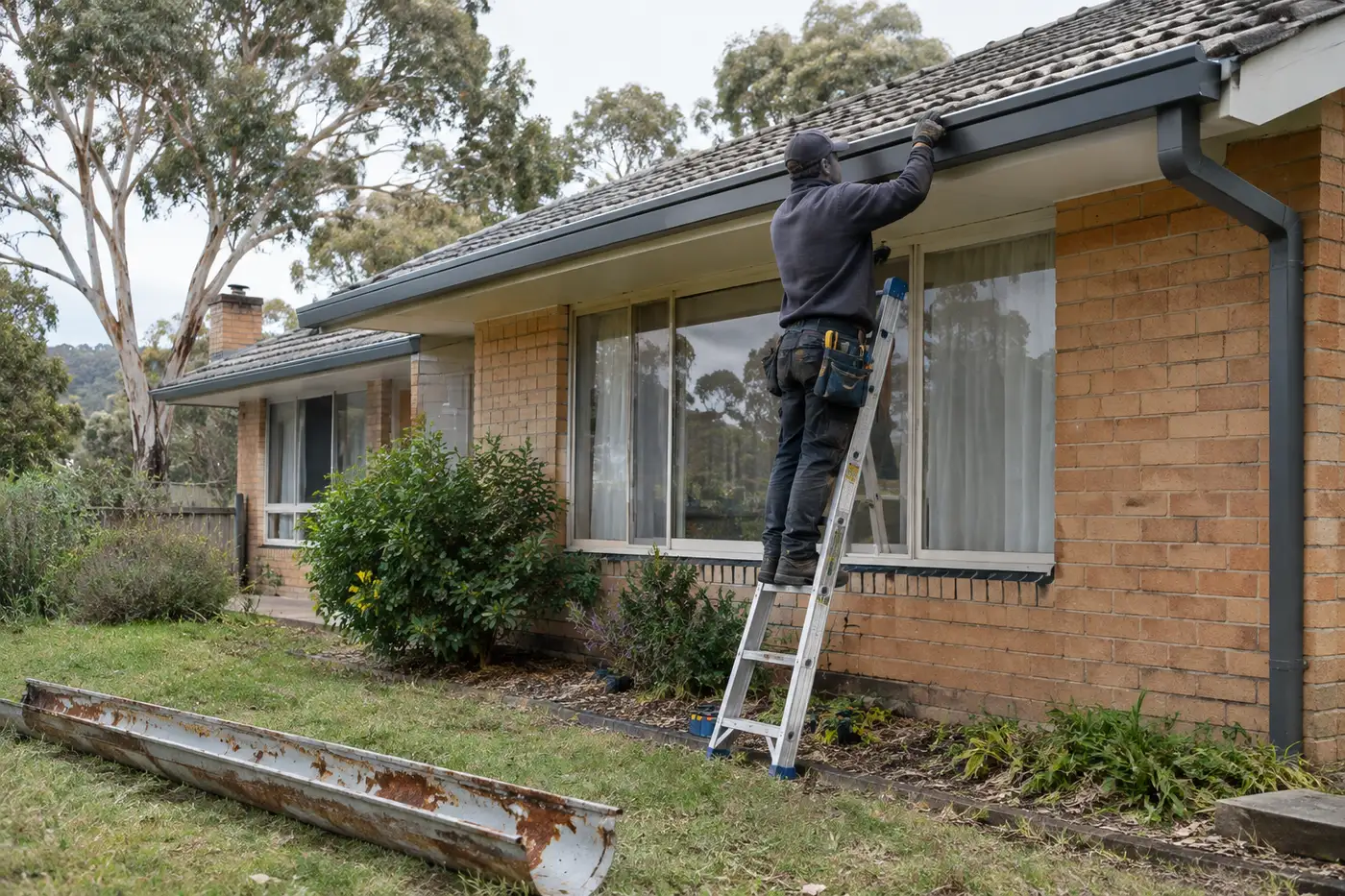 A roofer fitting a new Colorbond gutter to the fascia of a brick and tile home in Canberra