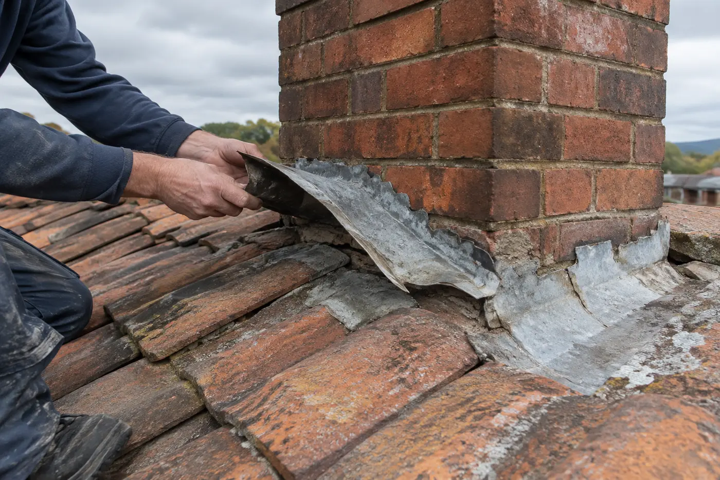 Lifted lead flashing around a brick chimney on an older terracotta tile roof in Canberra