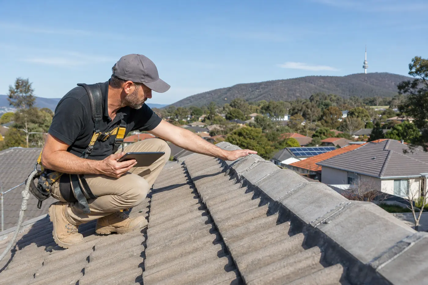 A roofer inspecting ridge capping on a Canberra tile roof, suburban rooftops behind