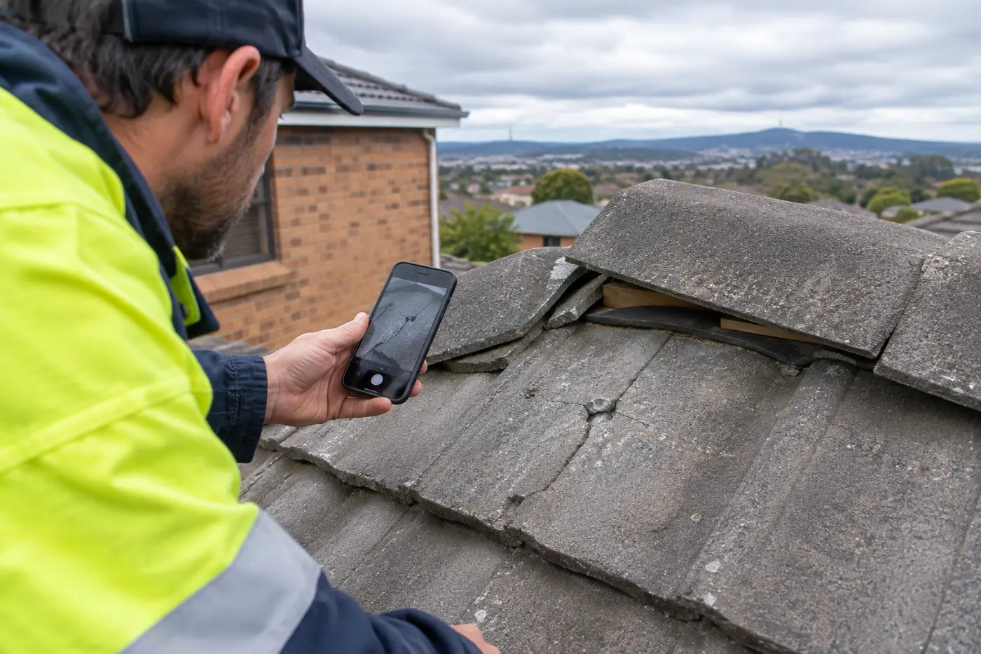 A roofer photographing a cracked tile and lifted ridge cap on a Canberra tile roof after a storm