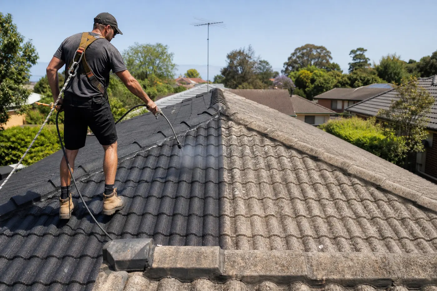 A Canberra tile roof half spray-painted charcoal, one side freshly coated and one side faded and chalky