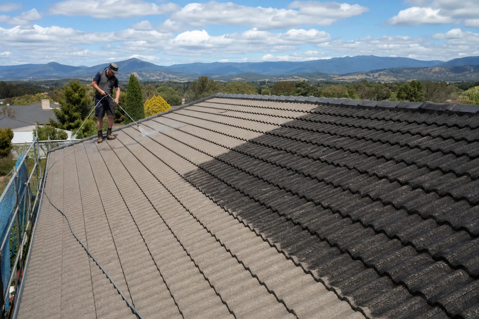 A Canberra concrete-tile roof part-way through restoration, cleaned tiles next to weathered ones