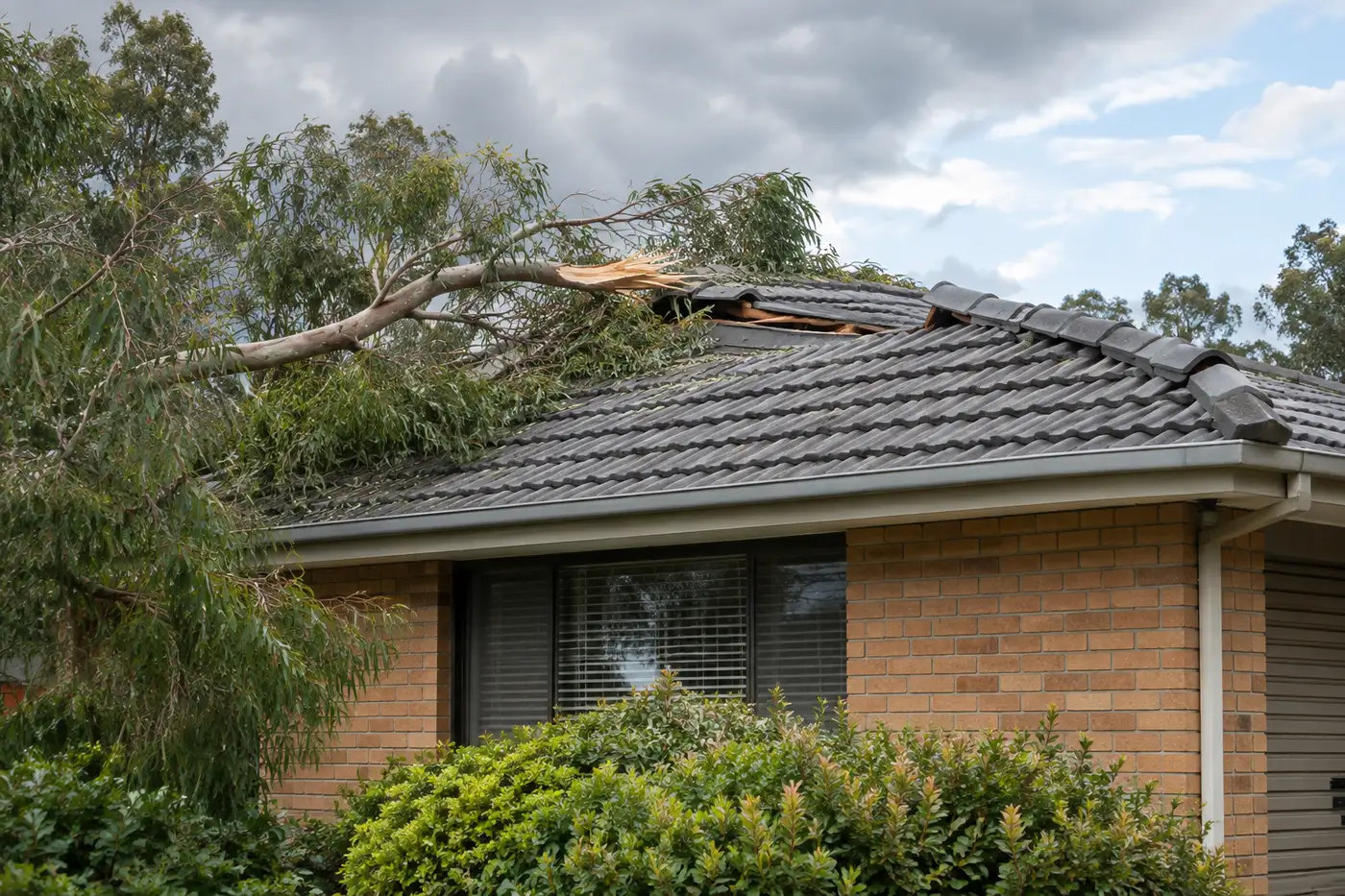 A snapped gum branch and a displaced ridge cap on a Canberra tile roof after a summer storm